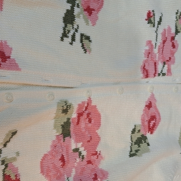 80s 90s RARE Floral Print Hand Knit Crewneck Cardigan Sweater Large  Cottagecore - Picture 13 of 16